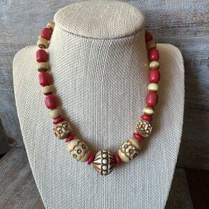 Vintage Red and Natural Molded Carved Celluloid Plastic Beaded Necklace